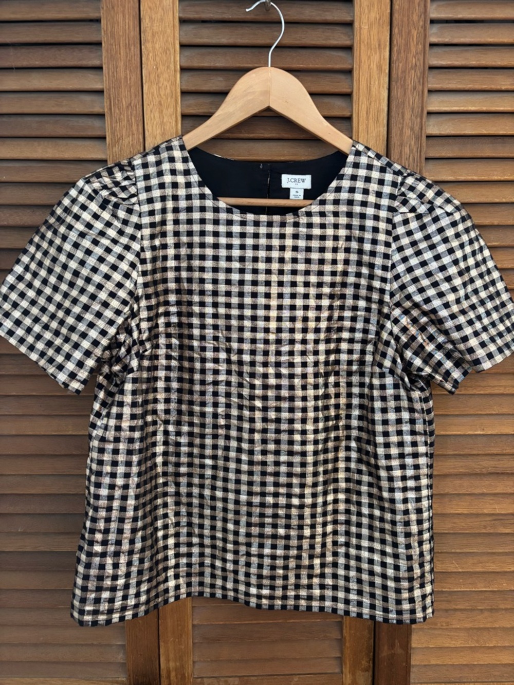 J. Crew Black and gold shimmery Gingham Top. Women’s small.